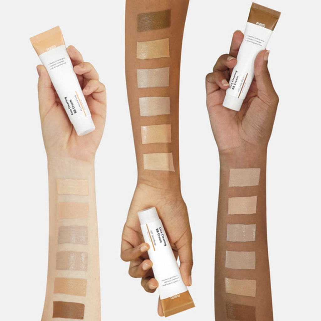 Swap van purito cica clearing bb cream op drie verschillende armen en huidtinten zodat iedereen kan zien welke kleur het beste bij hem of haar past