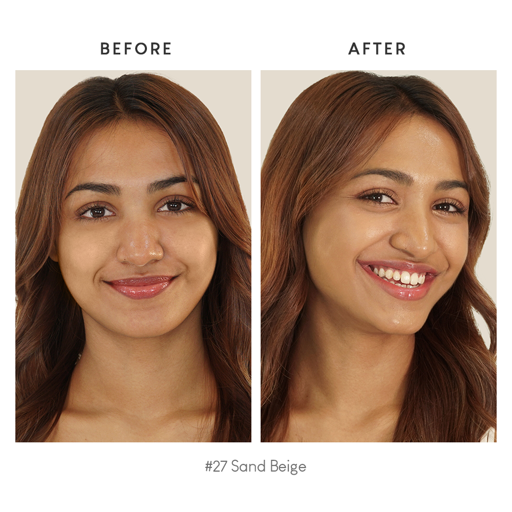 before en after van de kleur #27 beige van de purito cica clearing bb cream op het gezicht van een vrouw