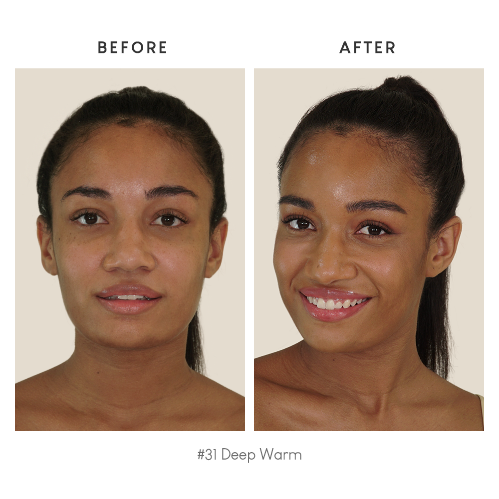 before en after van de kleur #31 deep warm van de purito cica clearing bb cream op het gezicht van een vrouw