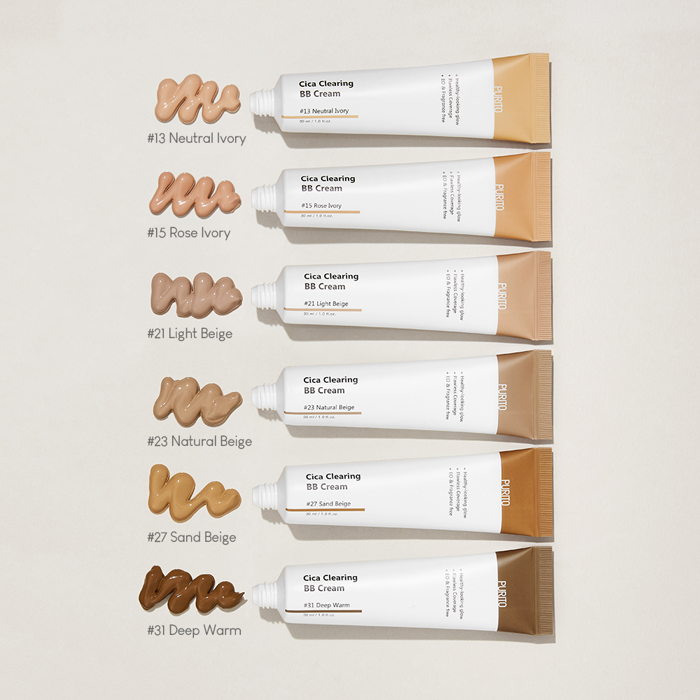 BB Cream tubes uitgeknepen waarbij de kleur inhoud te zien is van het merk Purito welke alleen natuurlijke ingredienten bevat en geschikt is voor de gevoelige en acne gevoelige huid