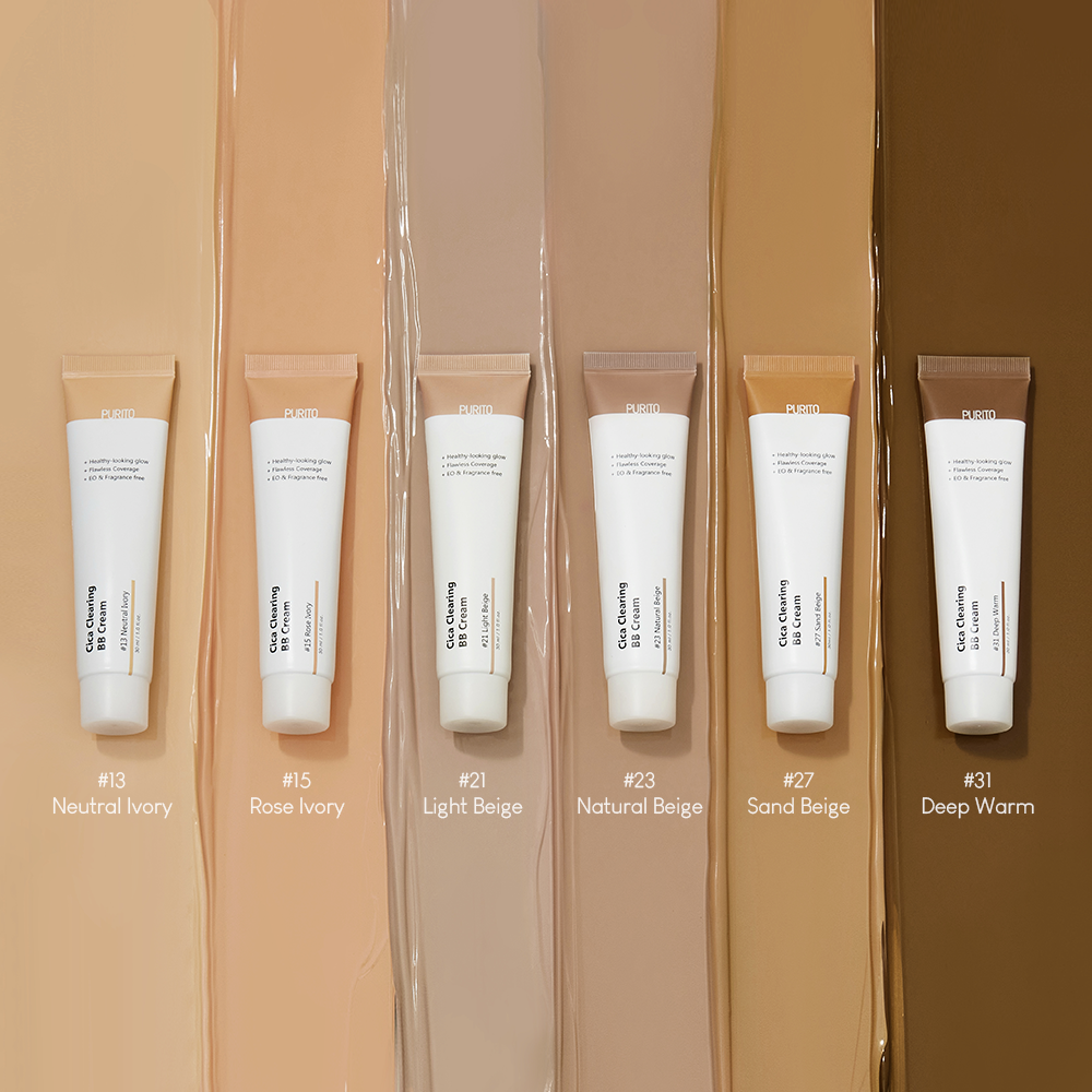 De kleuren van purito cica clearing bb cream uitgesmeerd als een swap zodat de inhoud van de creme goed zichtbaar is voor een lichte dekking op het gezicht